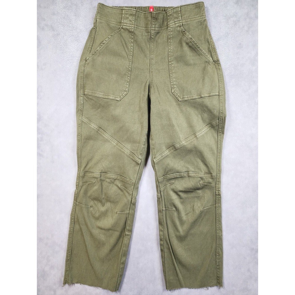 Spanx Stretch Twill Ankle Cargo Pants Womens Small Green Raw Hem Pull On